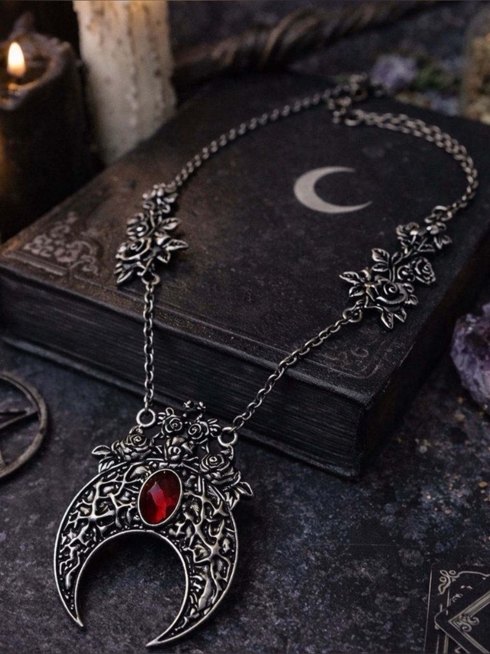 🌹🌙Killstar MOON BLOOM Crescent Necklace with Red Gemstone